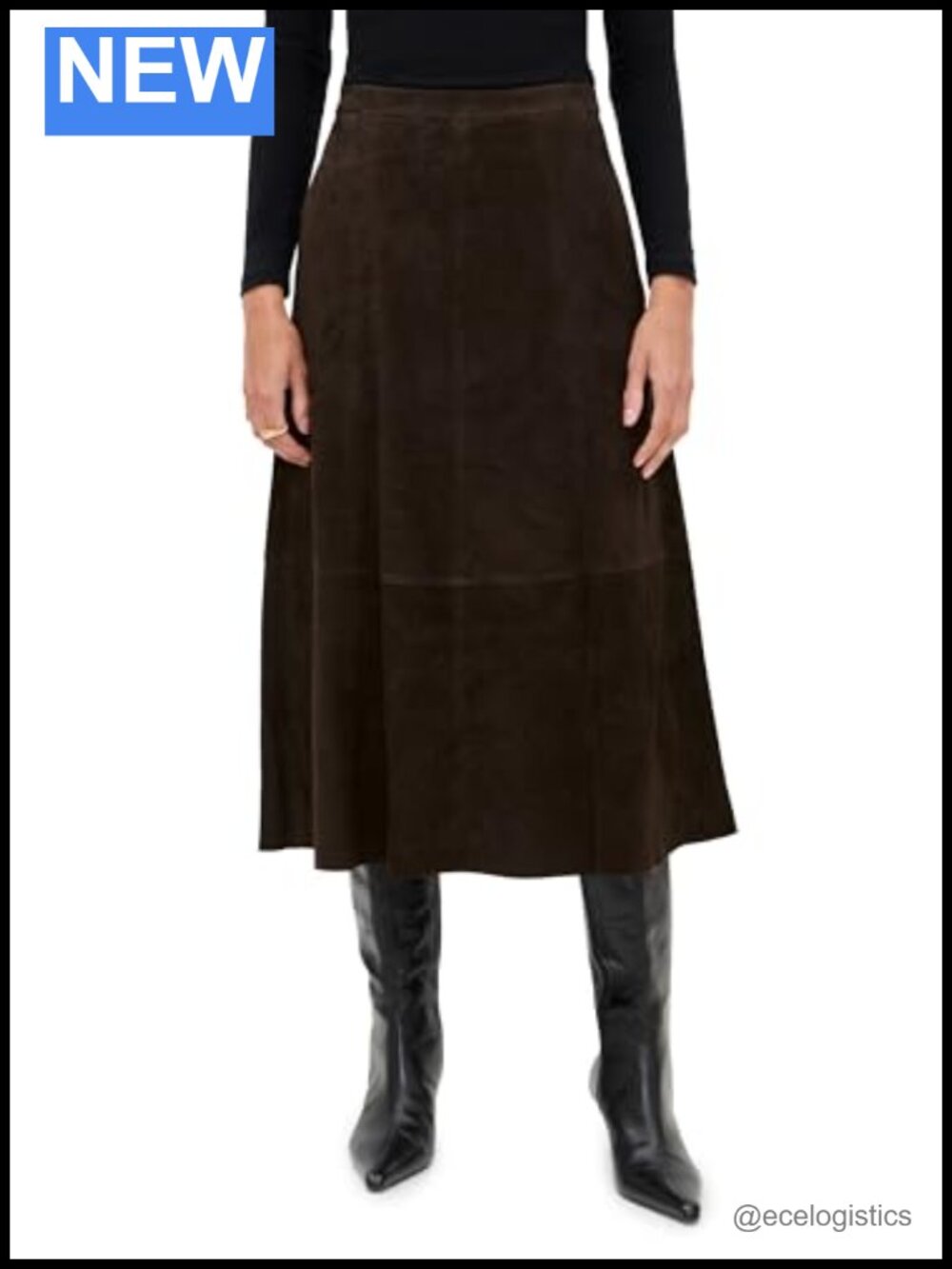 Mid Rise Flared Suede Skirt Below Knee Leather Goat Leather